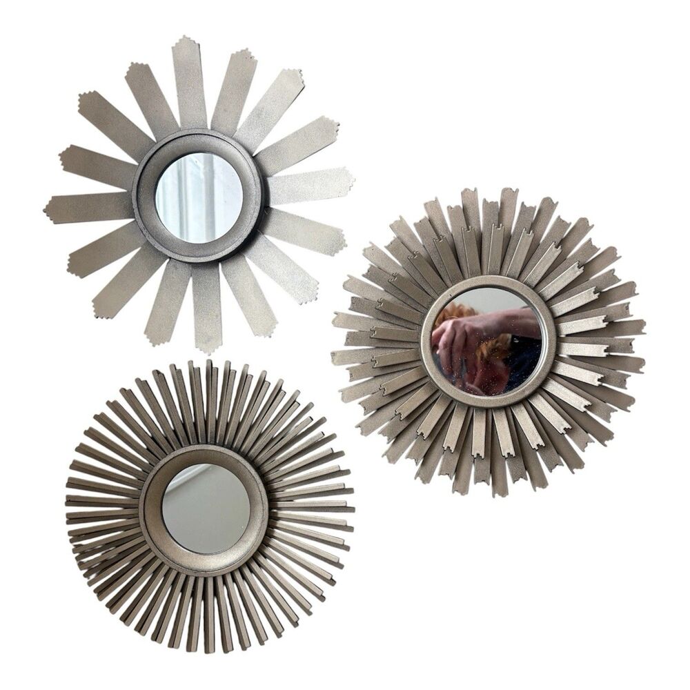 Set 3 Sunburst Wall Mirrors Gold Starburst 10" Mid Century Modern Boho Decor Art